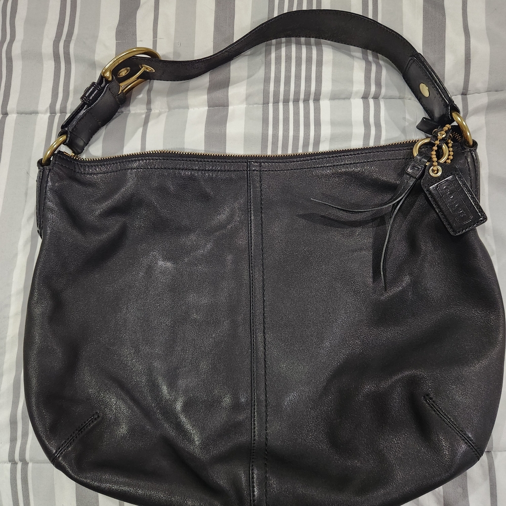 Coach Black Leather Hobo Bag with Gold Accents
